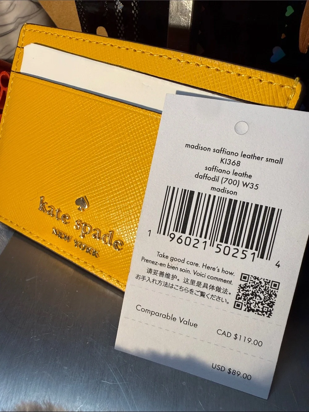 kate spade Bright Yellow Saffiano Leather Card Holder with Gold Logo